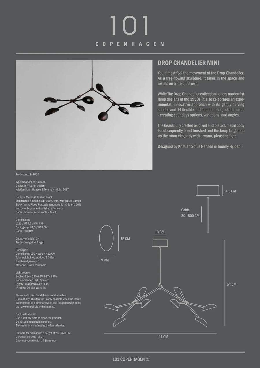 A technical sheet for the Drop Chandelier Mini from 101 Copenhagen