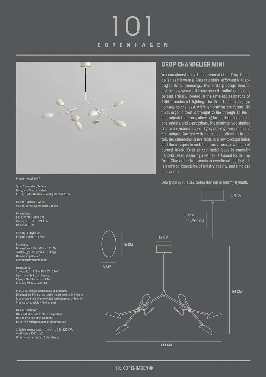 A technical sheet for the Drop Chandelier Mini from 101 Copenhagen