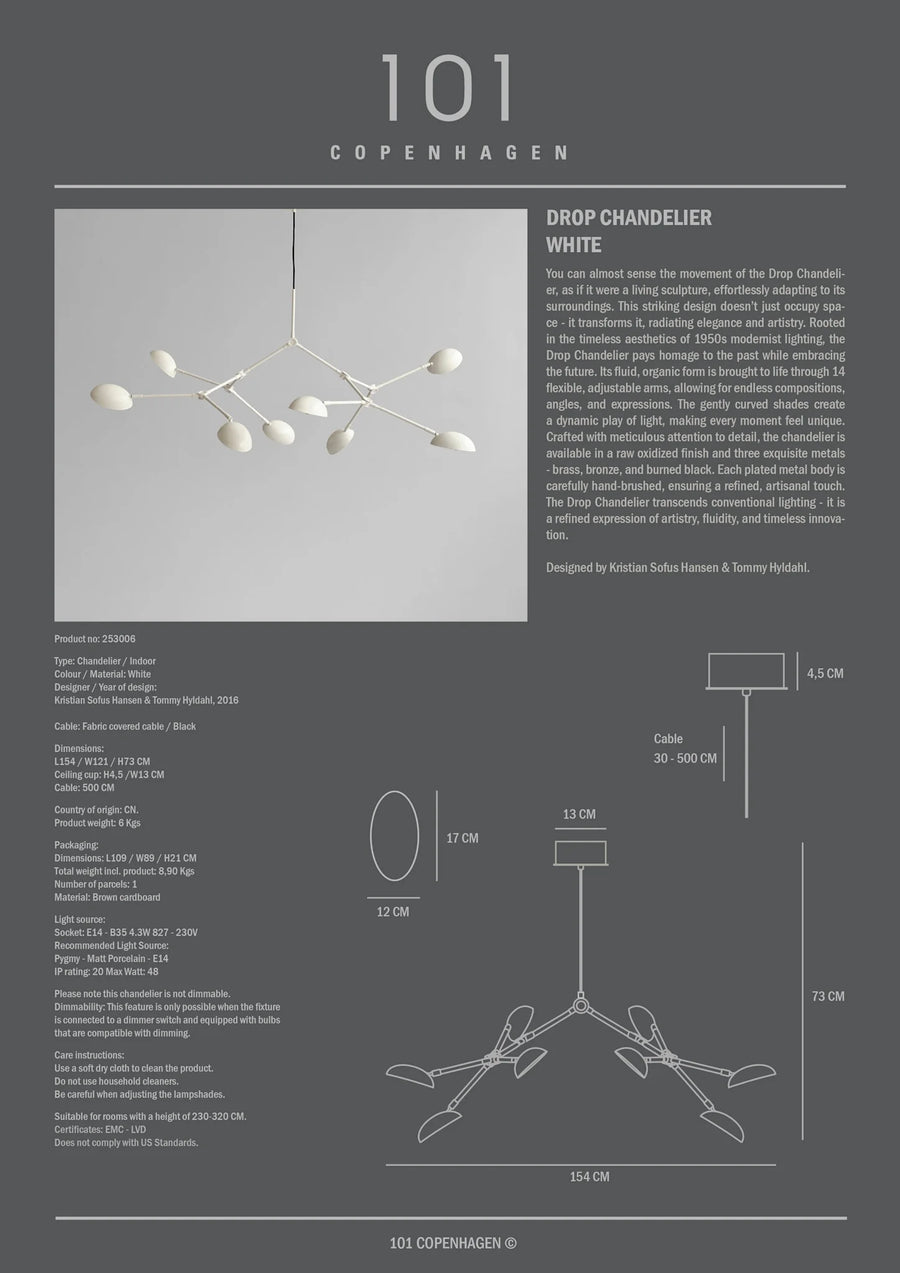 A technical sheet for the Drop Chandelier from 101 Copenhagen