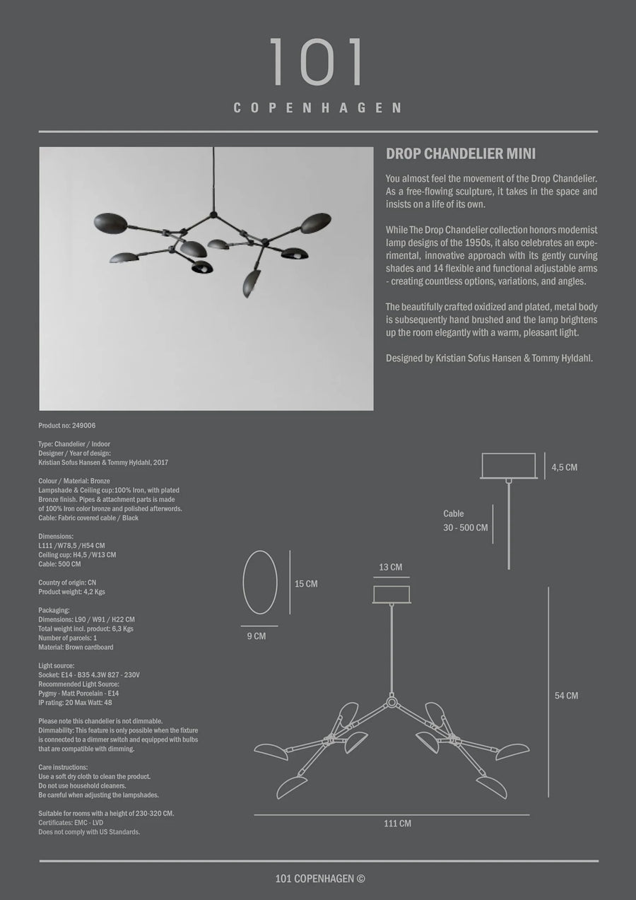 A technical sheet for the Drop Chandelier Mini from 101 Copenhagen