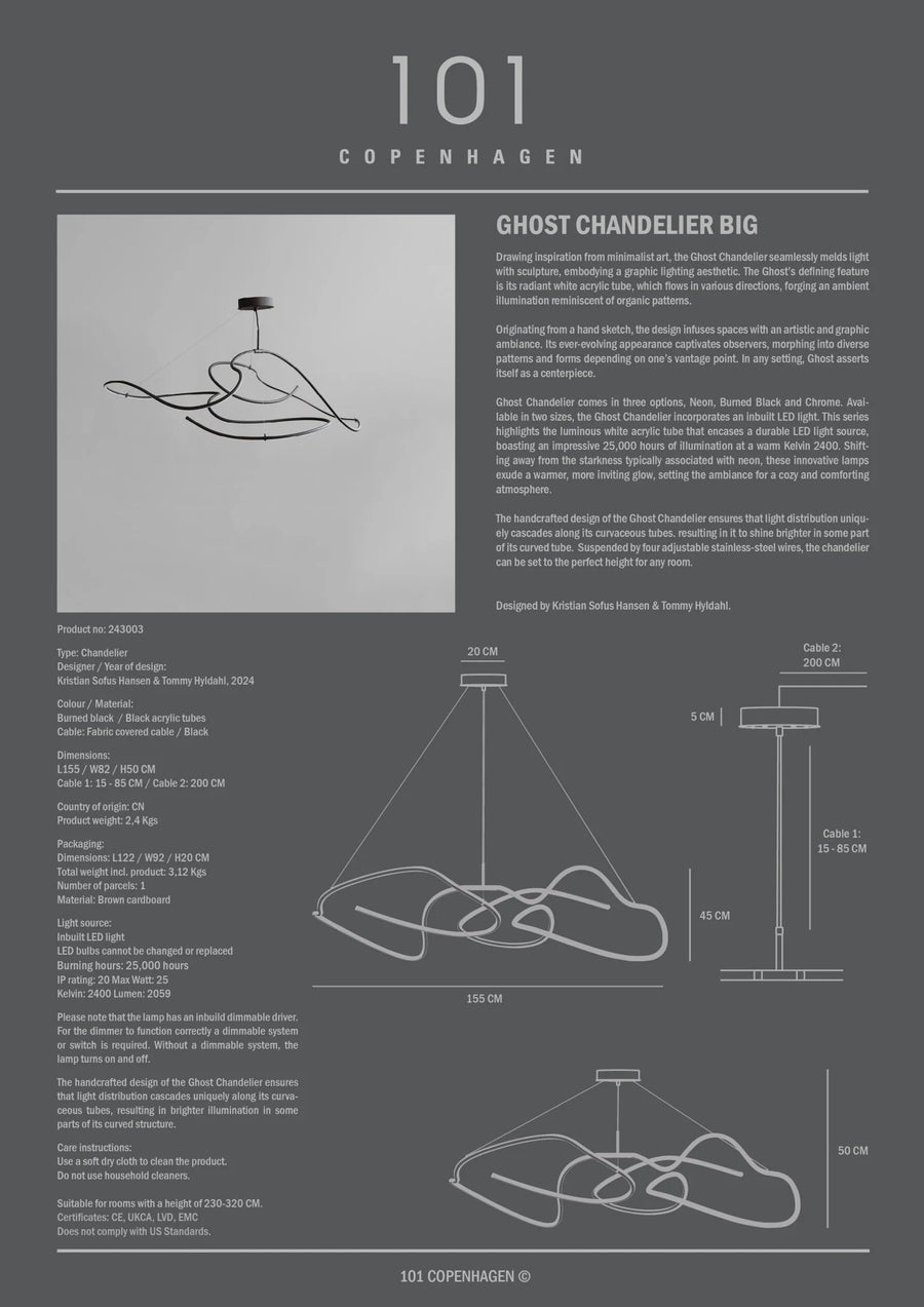 Product information sheet for a 'Ghost Chandelier Big' by 101 Copenhagen on a gray background.