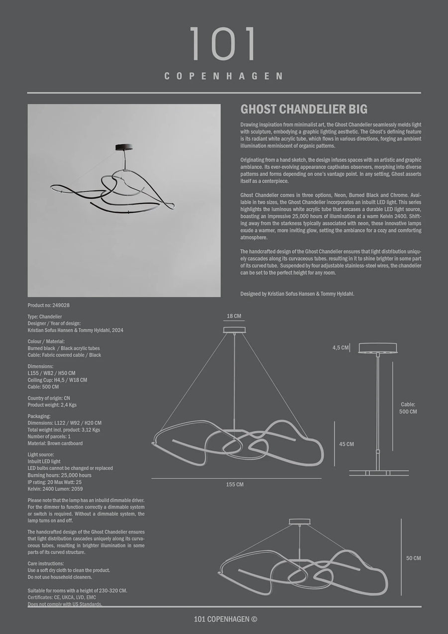 Product information sheet for a Ghost Chandelier Big by 101 Copenhagen on a gray background.