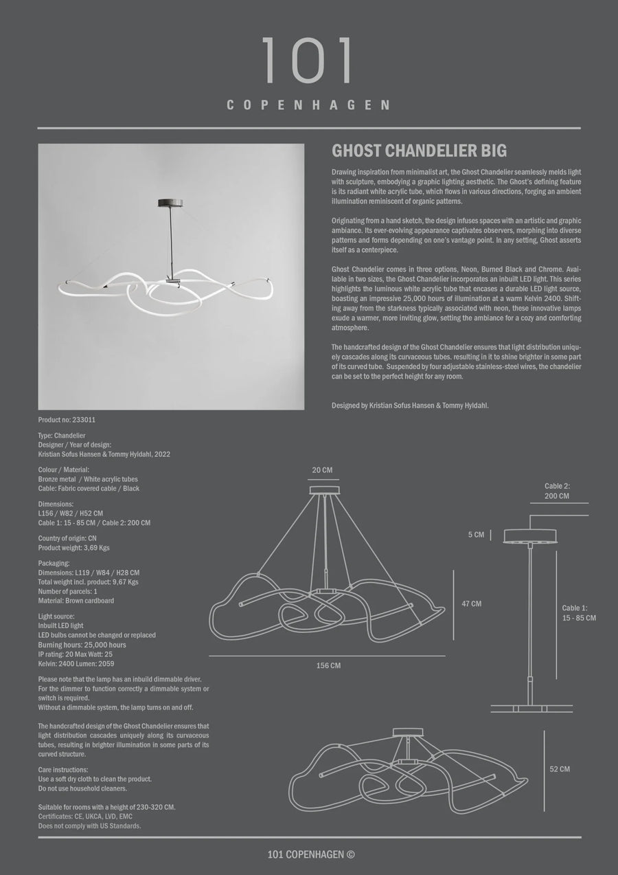 Product information sheet for a 'Ghost Chandelier Big' by 101 Copenhagen, featuring text and diagrams.