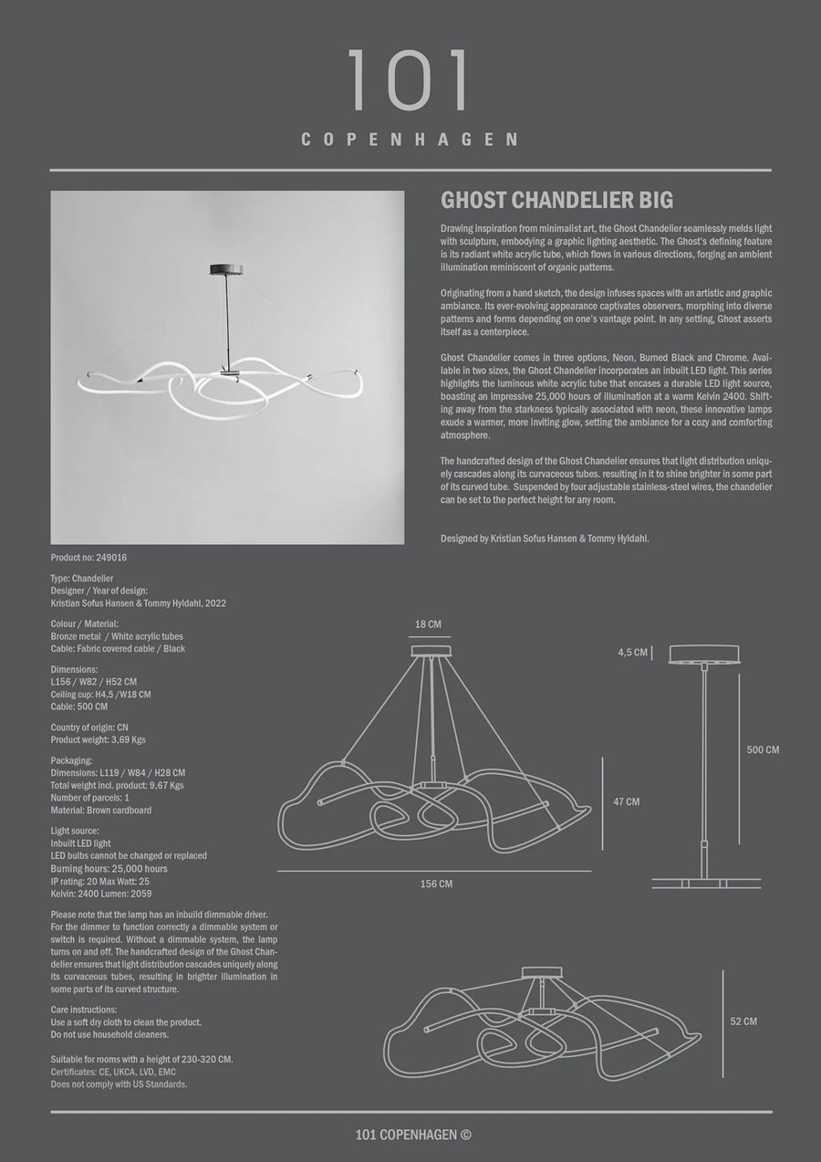 Product information sheet for a 'Ghost Chandelier Big' by 101 Copenhagen, featuring text and diagrams.