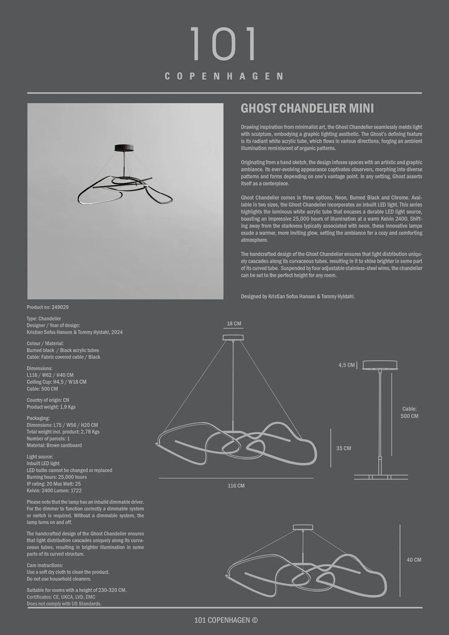 Product details of a Ghost Chandelier Mini by 101 Copenhagen on a gray background