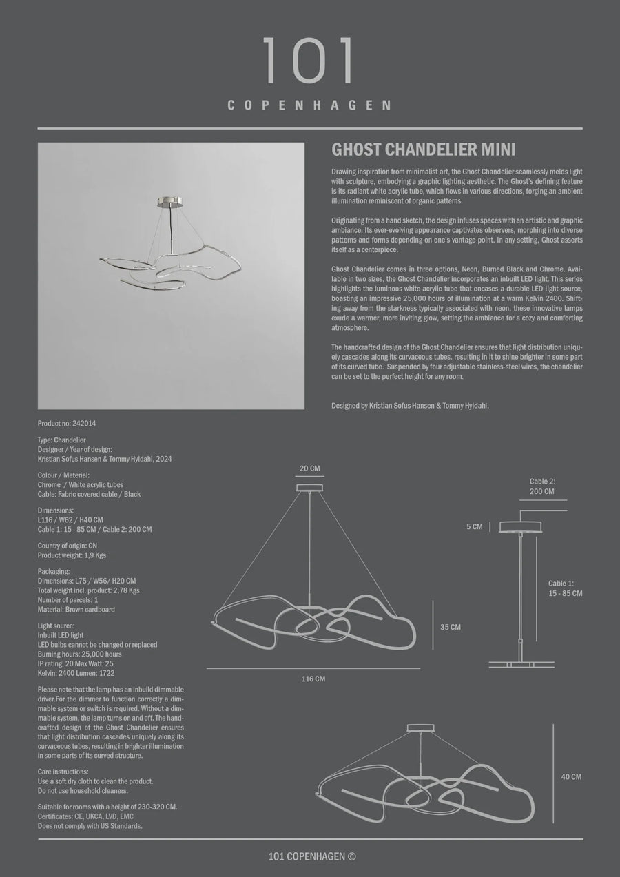 Product information sheet for 101 Copenhagen Ghost Chandelier Mini on a gray background