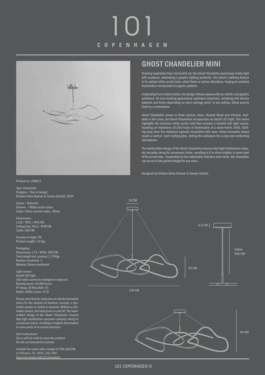 Product information sheet for a Ghost Chandelier Mini by 101 Copenhagen on a gray background.