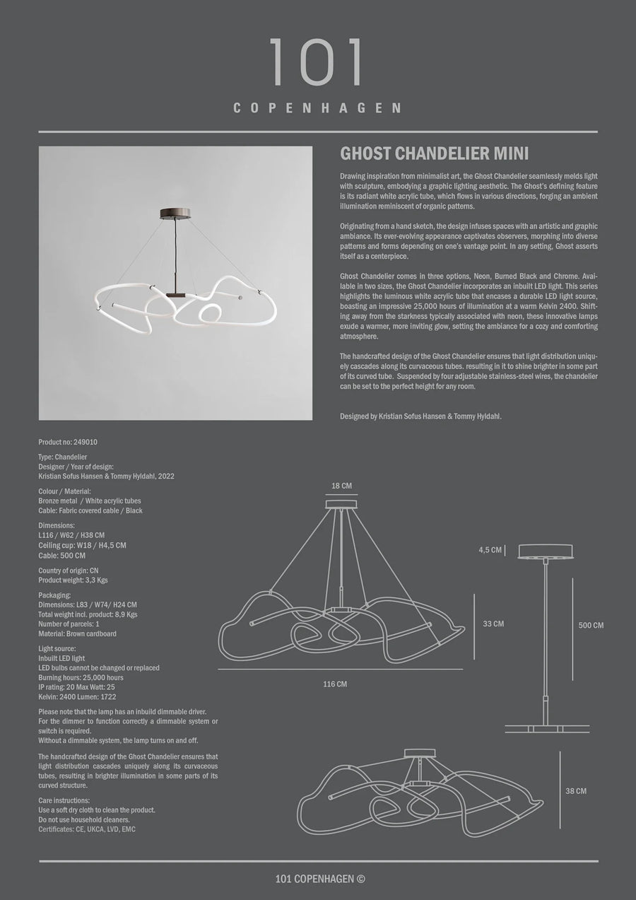 Product information sheet for 101 Copenhagen Ghost Chandelier Mini on a gray background