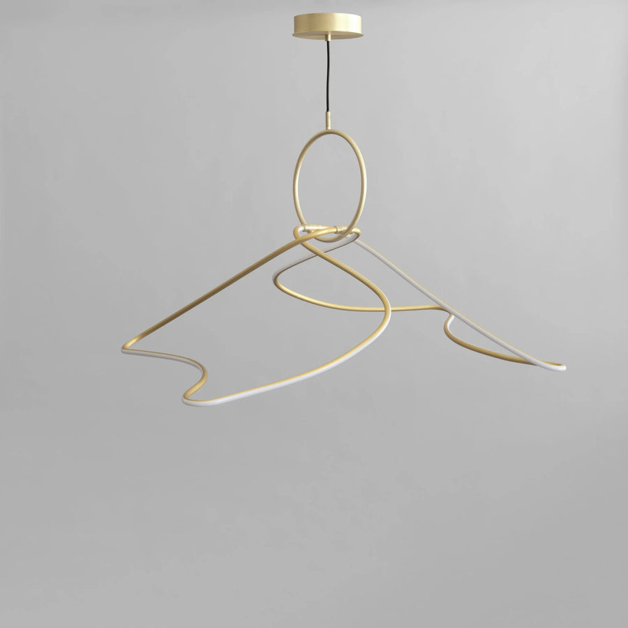 Gold pendant light shaped like a hanger on a gray background