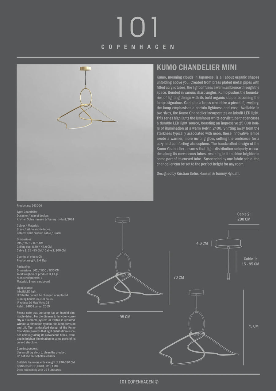 Product description card for Kumo Chandelier Mini by 101 Copenhagen with text and diagrams.