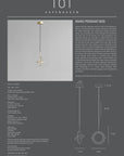 Product description sheet for a pendant light with design details and measurements.