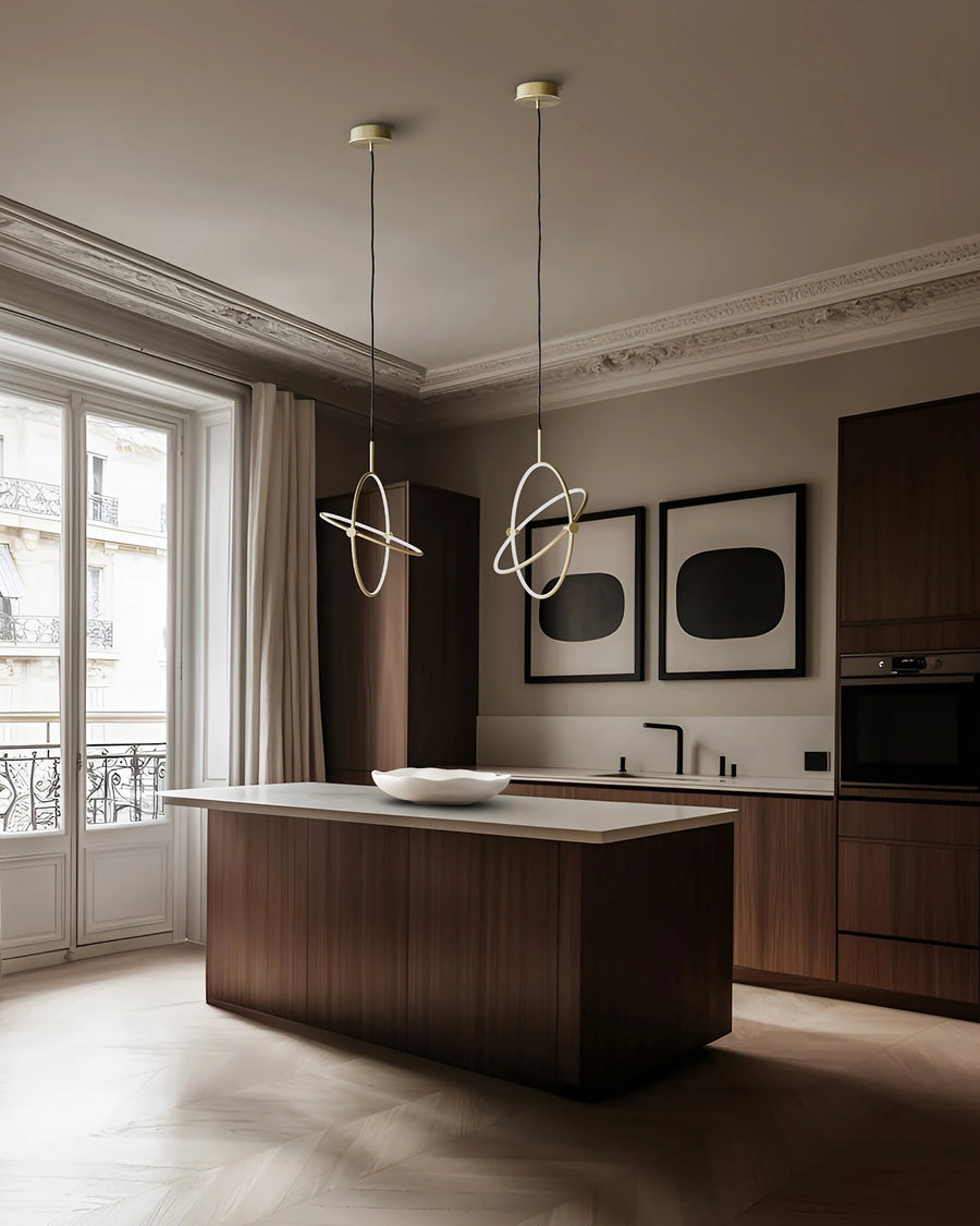 Modern Japandi theme kitchen with a island and pendant lights