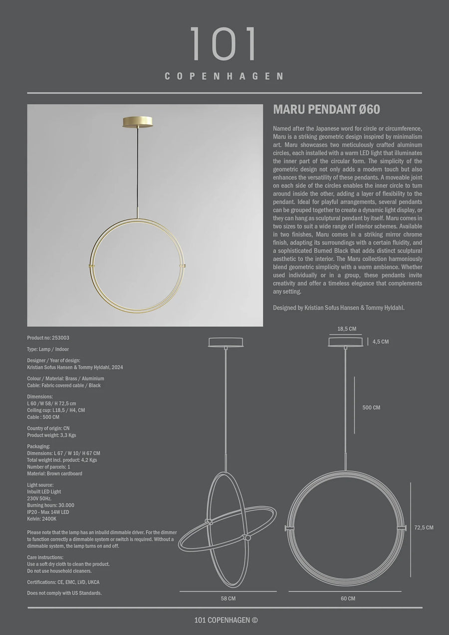 Product information sheet for Maru Pendant D60 by 101 Copenhagen on a gray background available at Spacio retail stores in Mumbai & Kolkata. 