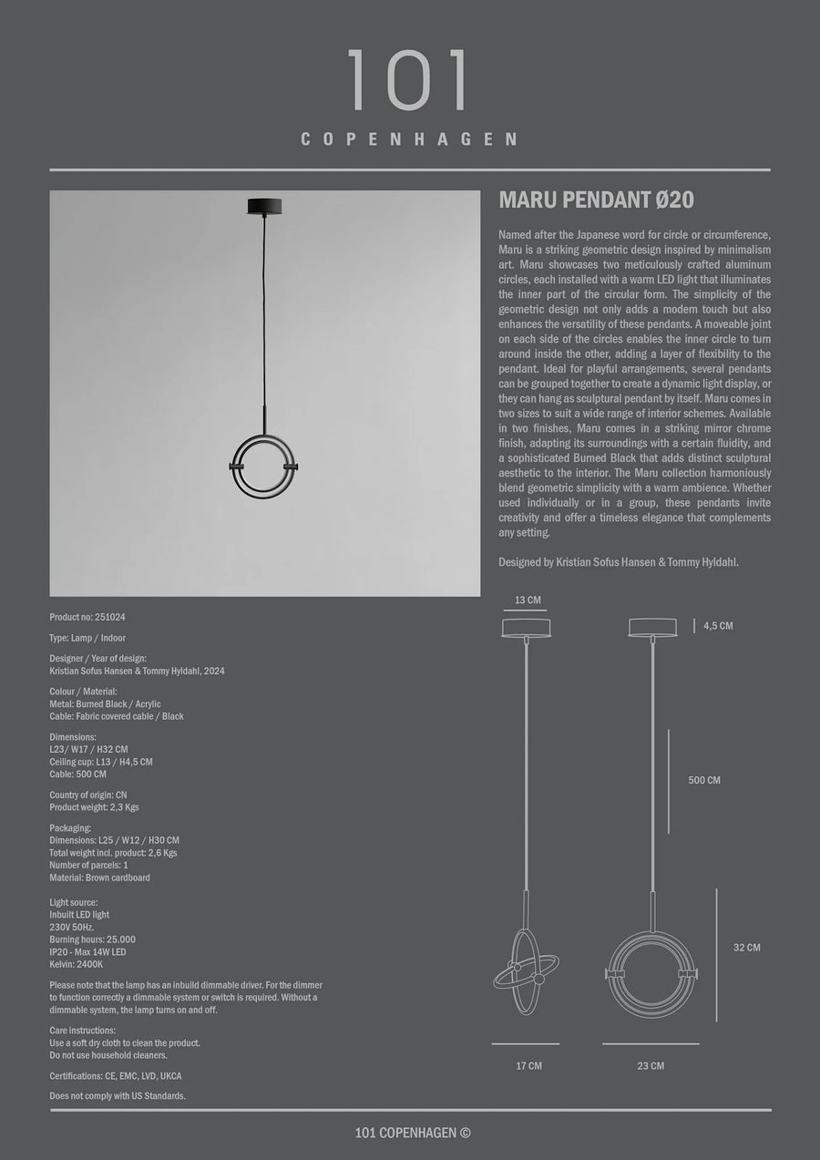 Product information sheet for Maru Pendant 020 by 101 Copenhagen on a gray background, available at Spacio retail stores in India. 