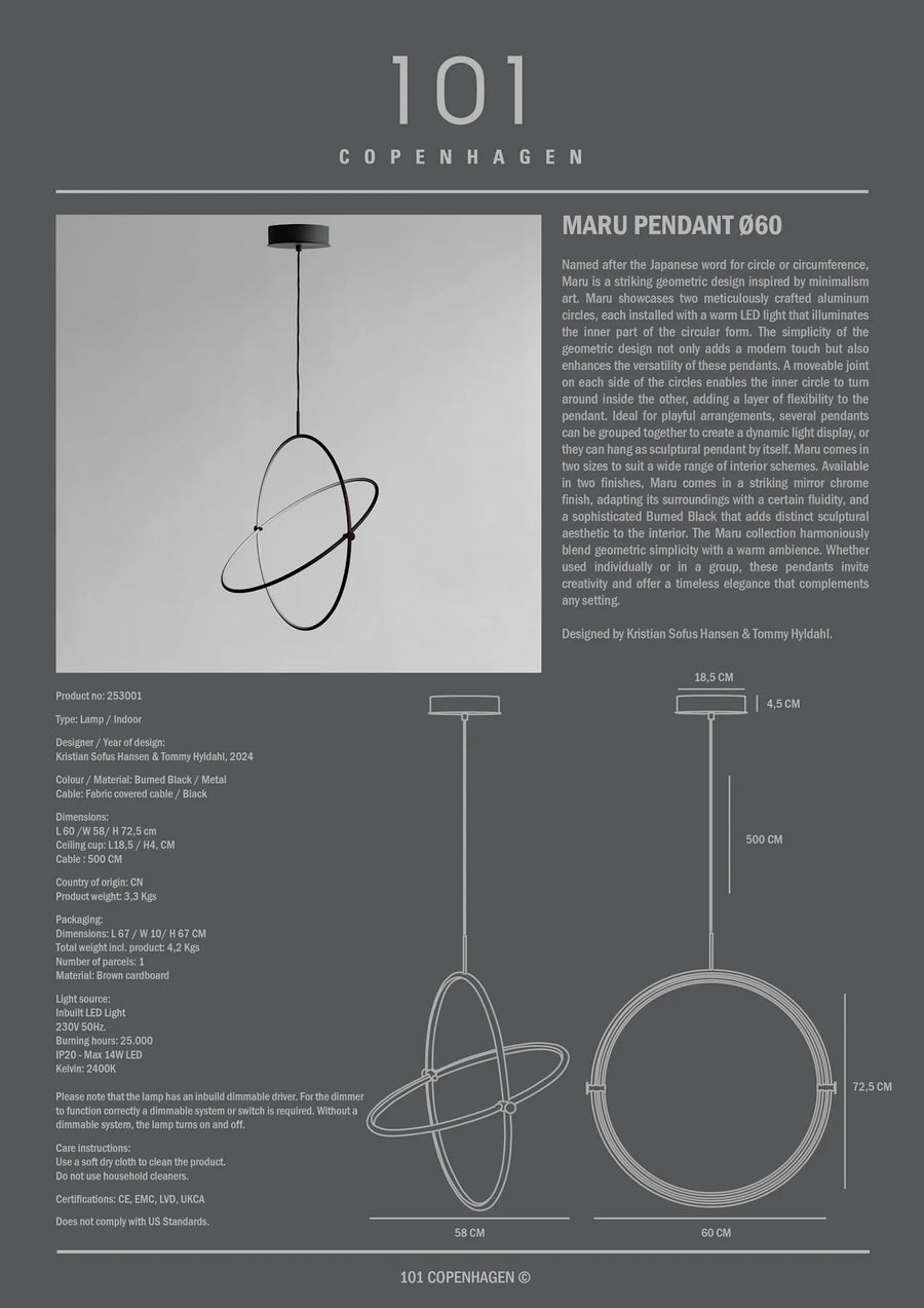 Maru Burned Black 60 Pendant Light by 101 Copenhagen | Spacio