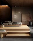 Modern bedroom with wooden platform bed and steps, minimal decor