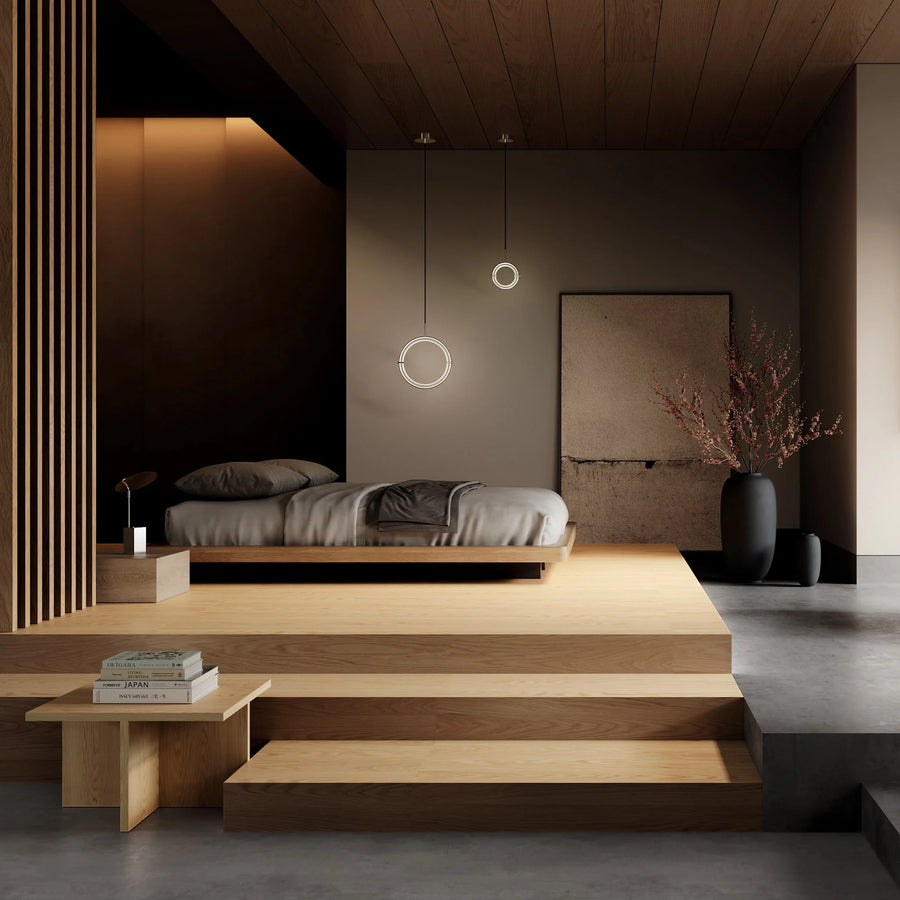 Modern bedroom with wooden platform bed and steps, minimal decor