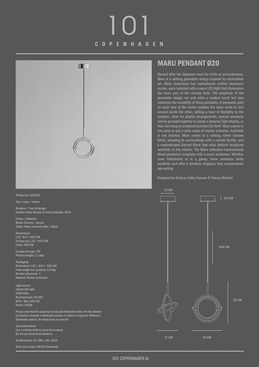 Product information sheet for Maru Pendant 020 by 101 Copenhagen on a gray background.