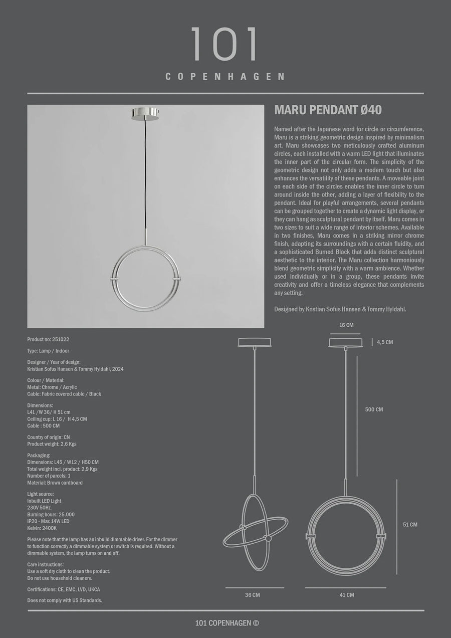Product information sheet for a pendant light named 'Maru Pendant 840' by 101 Copenhagen.