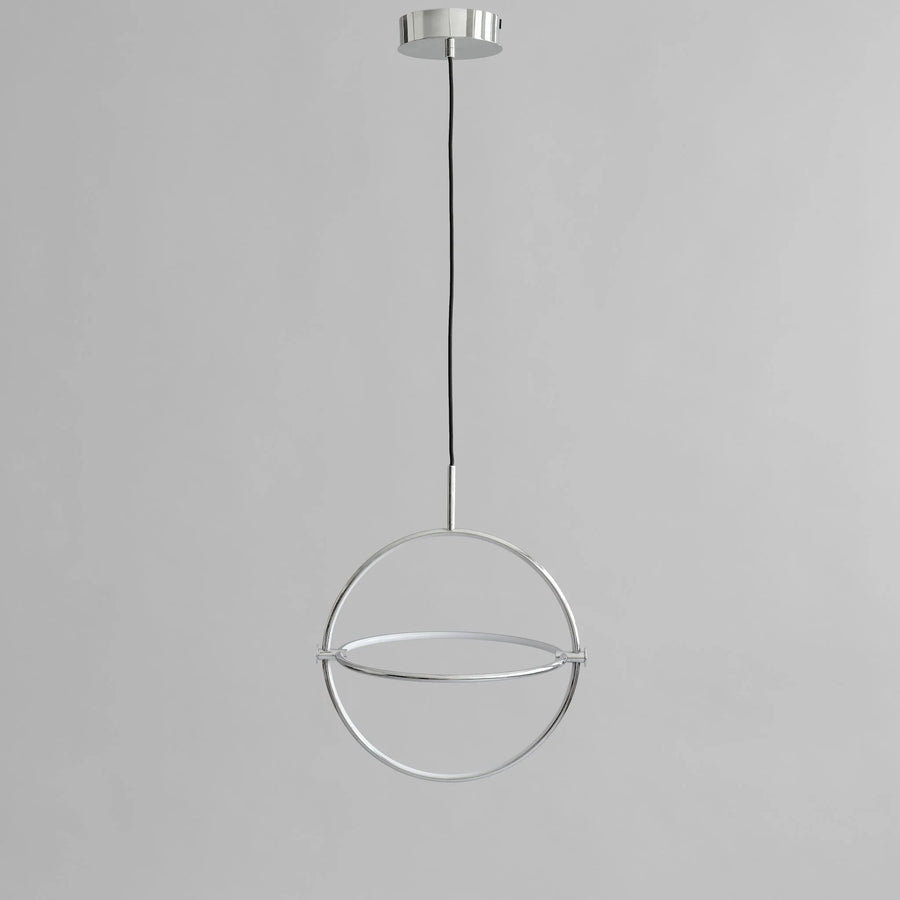 Modern pendant light with a circular design on a gray background