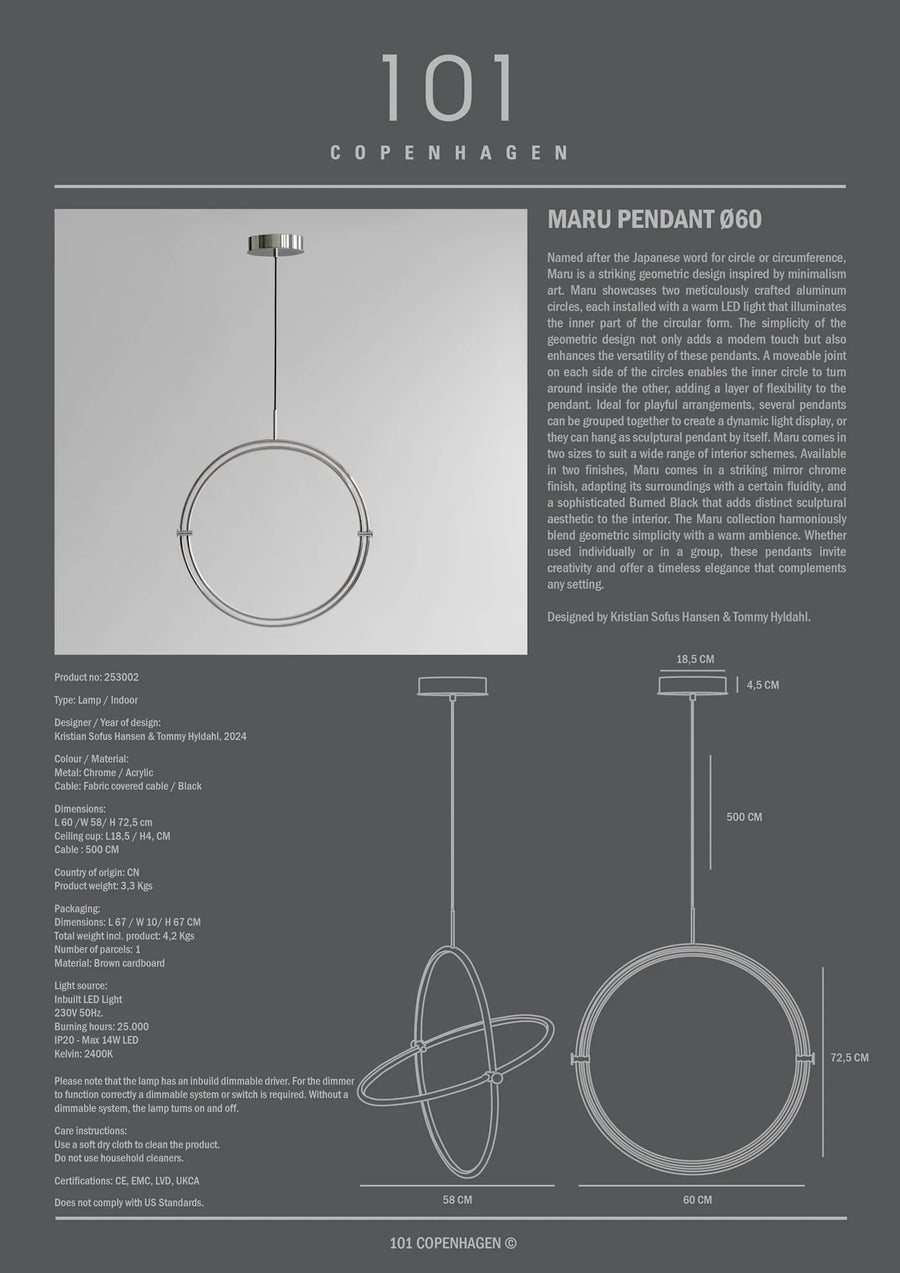 Product information sheet for Maru Pendant D60 by 101 Copenhagen on a gray background