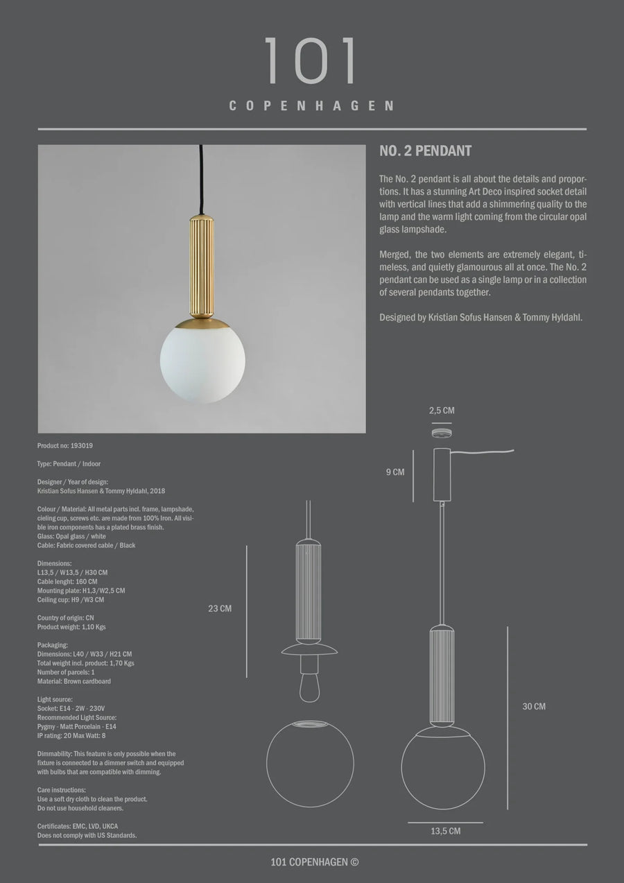 Product information sheet for a pendant light with design details and measurements.