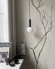 Minimalist interior with a branch, light bulb, and books on a shelf.