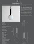 Product information sheet for a pendant light with dimensions and design details.