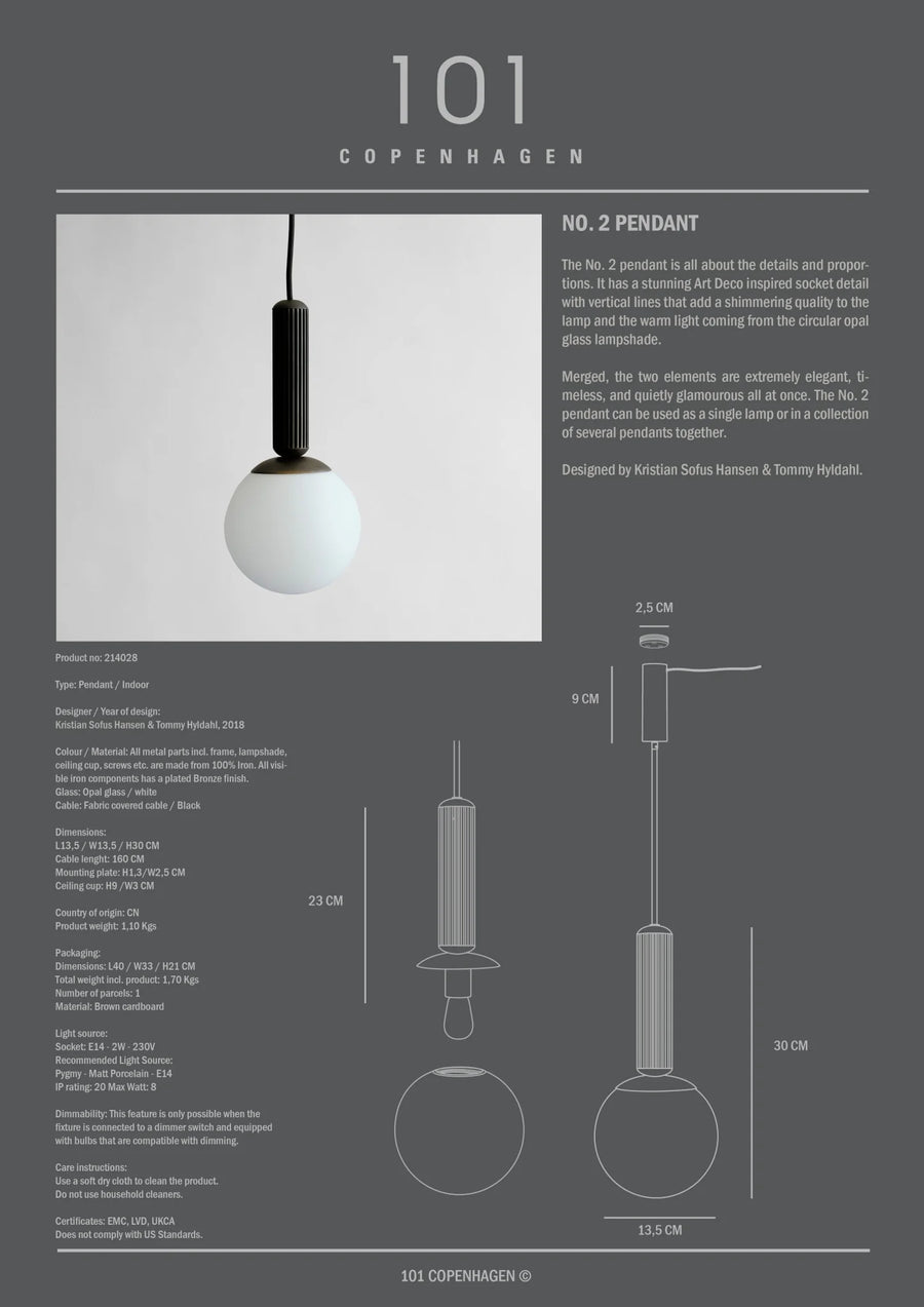 Product information sheet for a pendant light with dimensions and design details.