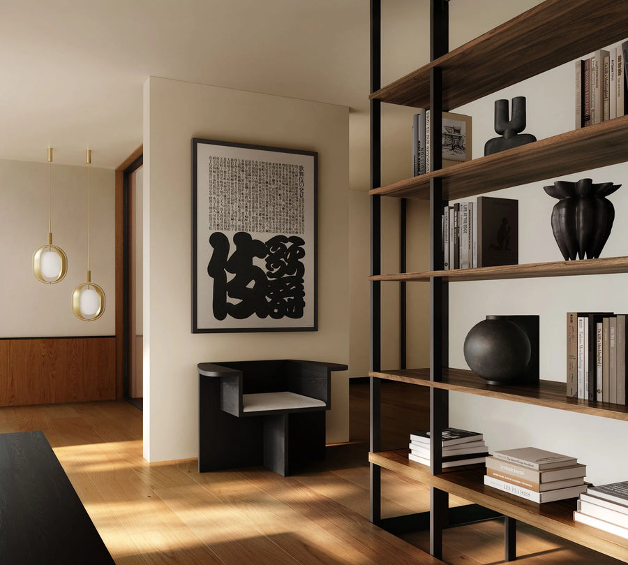Modern Japandi theme interior with wooden shelves, books, and decorative items.