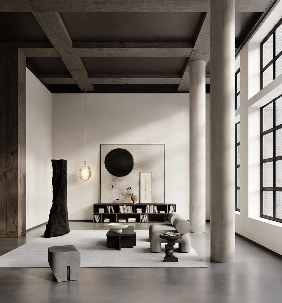 Modern interior design with concrete walls, wooden beams, and minimal furniture.