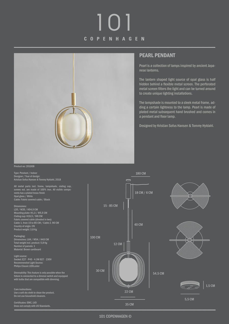 Product description card for a pendant light with specifications and design details.