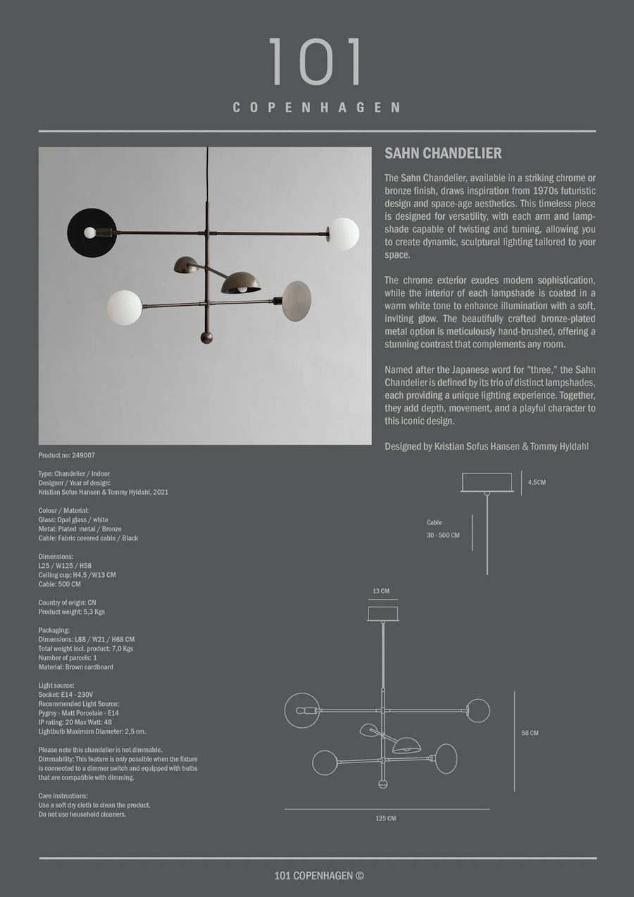Chandelier design with text and measurements on a gray background