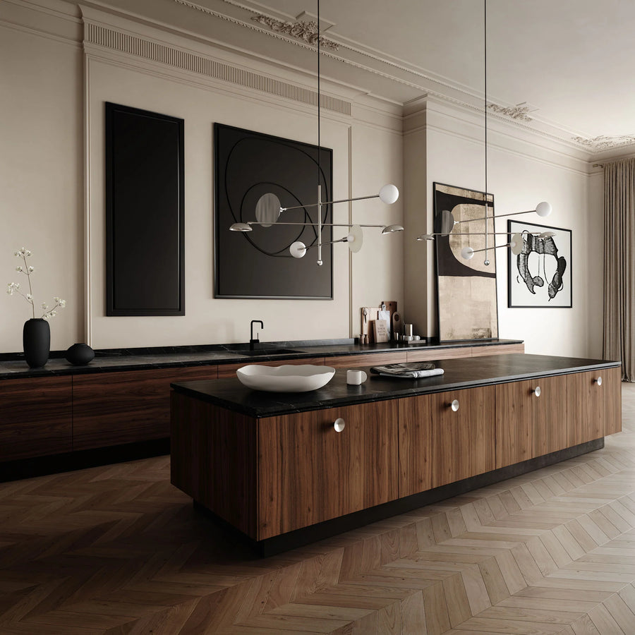 Modern living room with wooden console table, black countertop, and wall art.