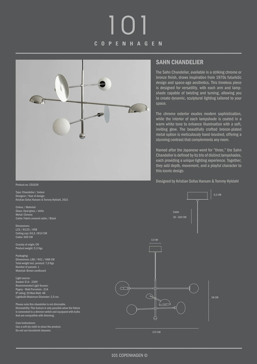 Product description card for a chandelier with text and diagram on a gray background
