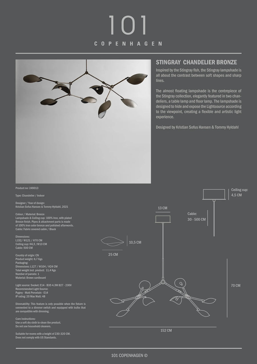 Stingray chandelier with leaf-like design on a gray background, featuring text and diagrams.