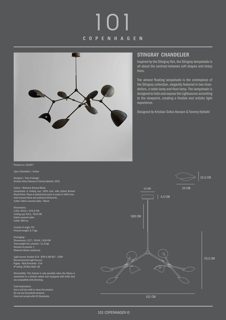 Stingray chandelier by 101 Copenhagen with product details on a gray background