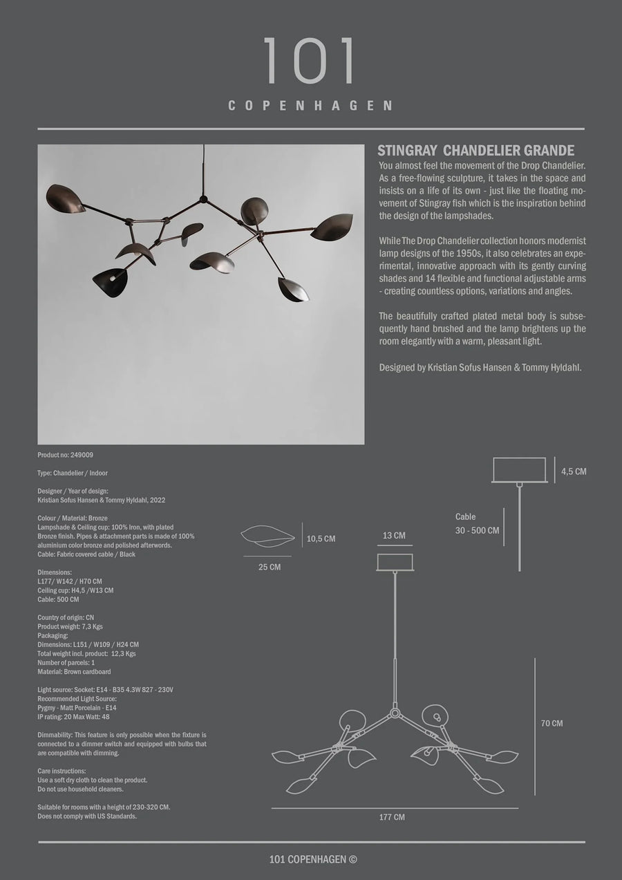 Stingray chandelier with technical specifications on a gray background