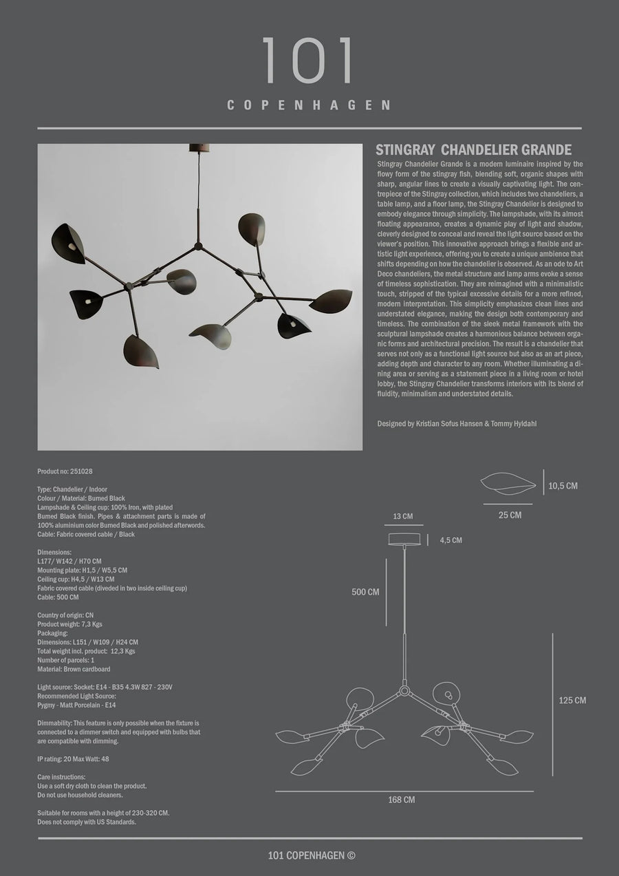 Stingray chandelier grandeur by 101 Copenhagen with product details on a gray background