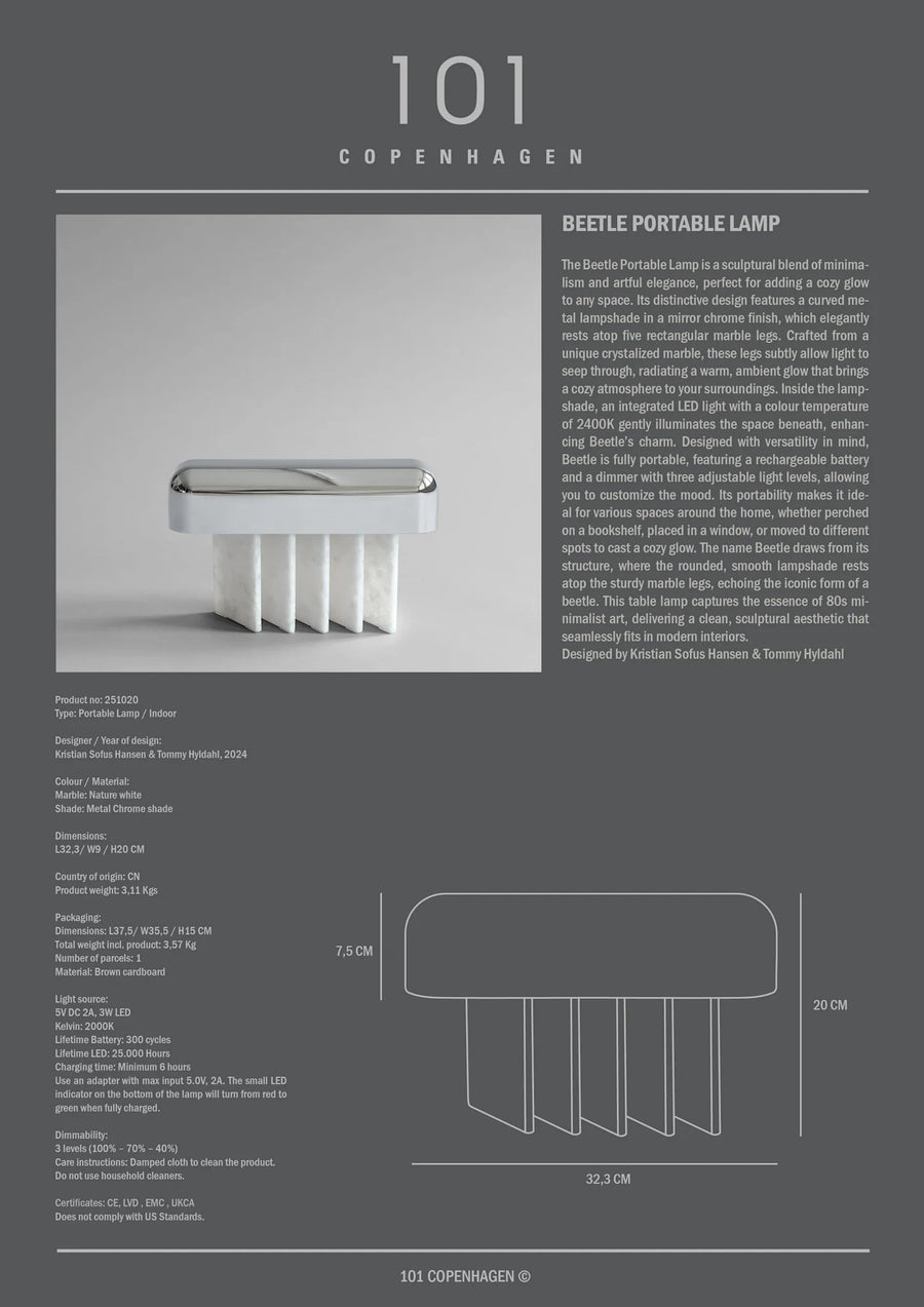 Beetle Portable Lamp by 101 Copenhagen with product details on a gray background