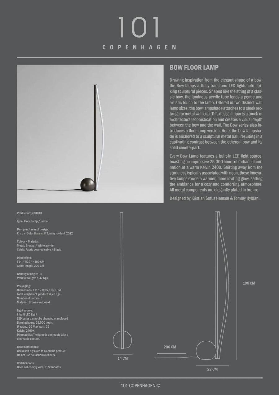 Product information card for the Bow floor lamp from 101 Copenhagen with text and diagrams on a gray background available at Spacio retail stores in Mumbai & Kolkata. 