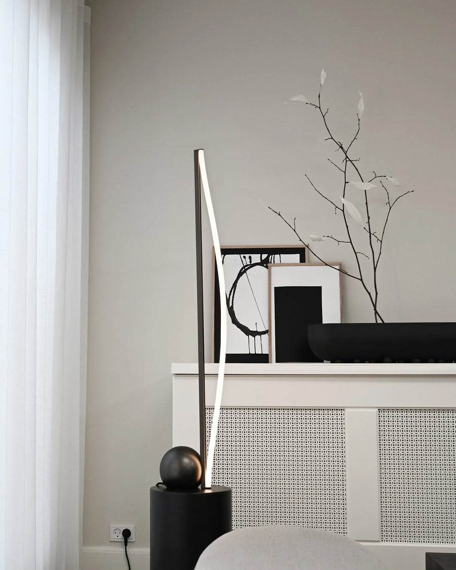 Modern interior design with a black floor lamp and decorative items on a white surface.