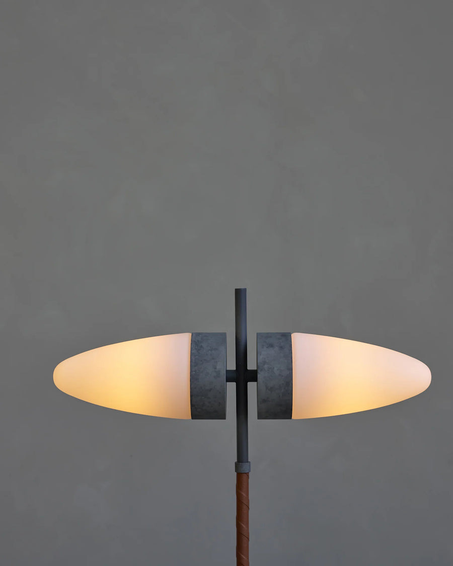 Modern floor lamp with two oval lights on a dark gray background
