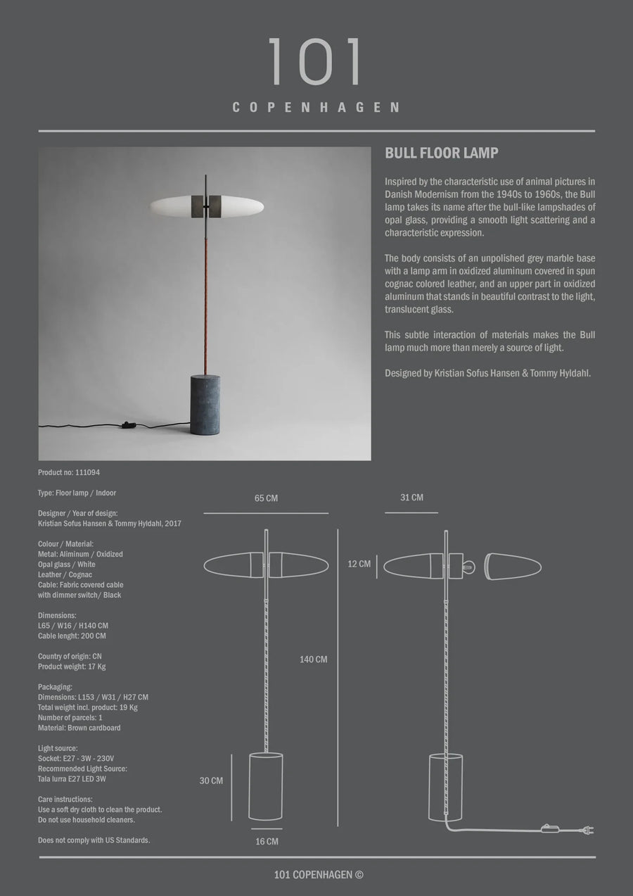 Copenhagen 101 floor lamp with specifications on a gray background