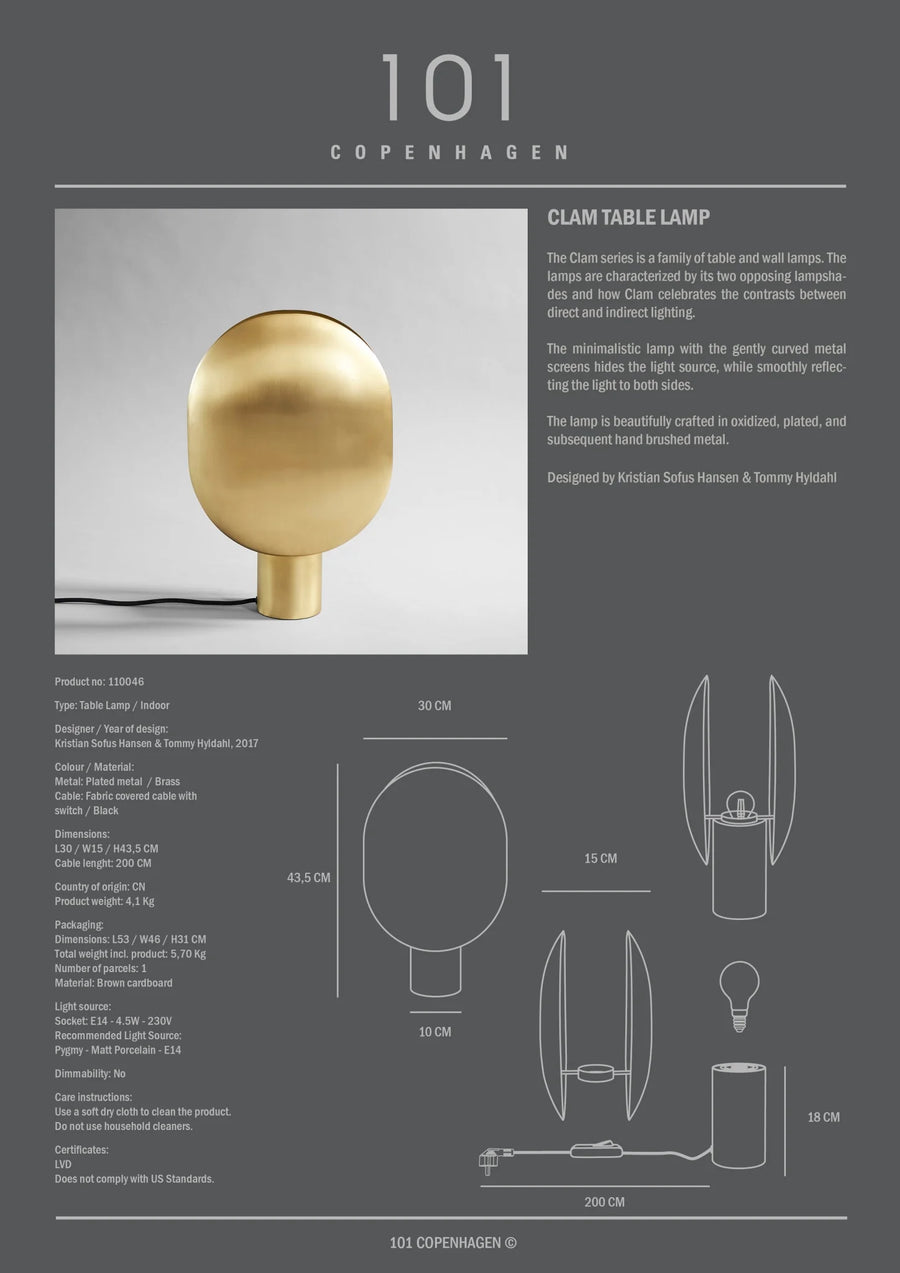 Gold Clam table lamp with product details on a gray background