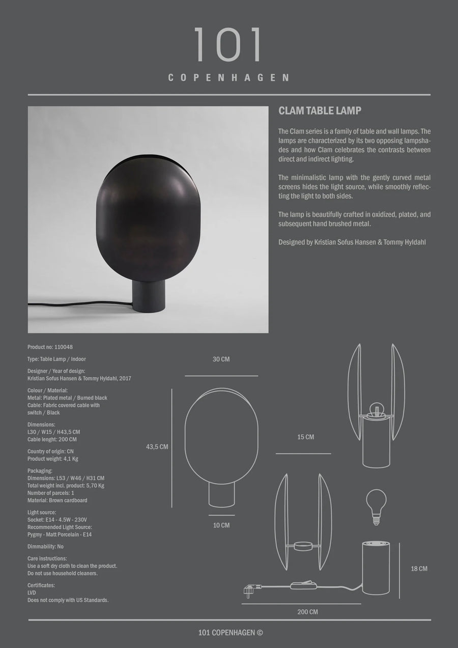 Product specifications of Clam table lamp in burned black finish