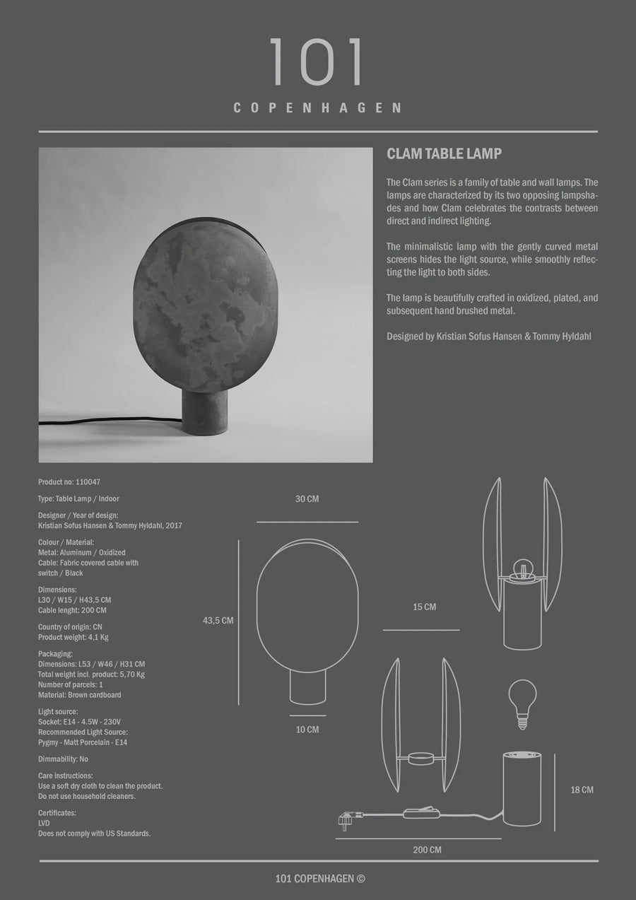 Clam table lamp design with specifications on a gray background