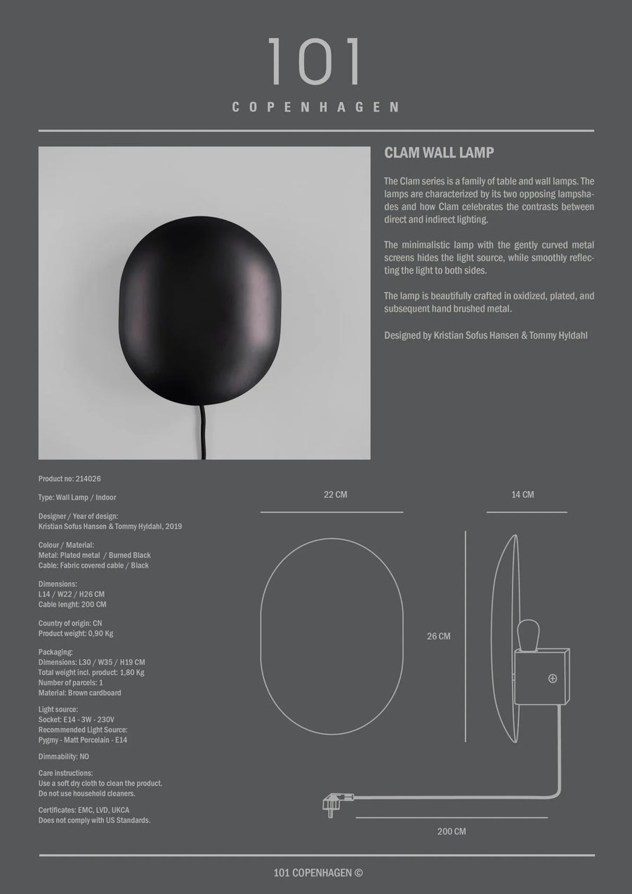 Clam Wall Light Burned Black by 101 Copenhagen | Spacio