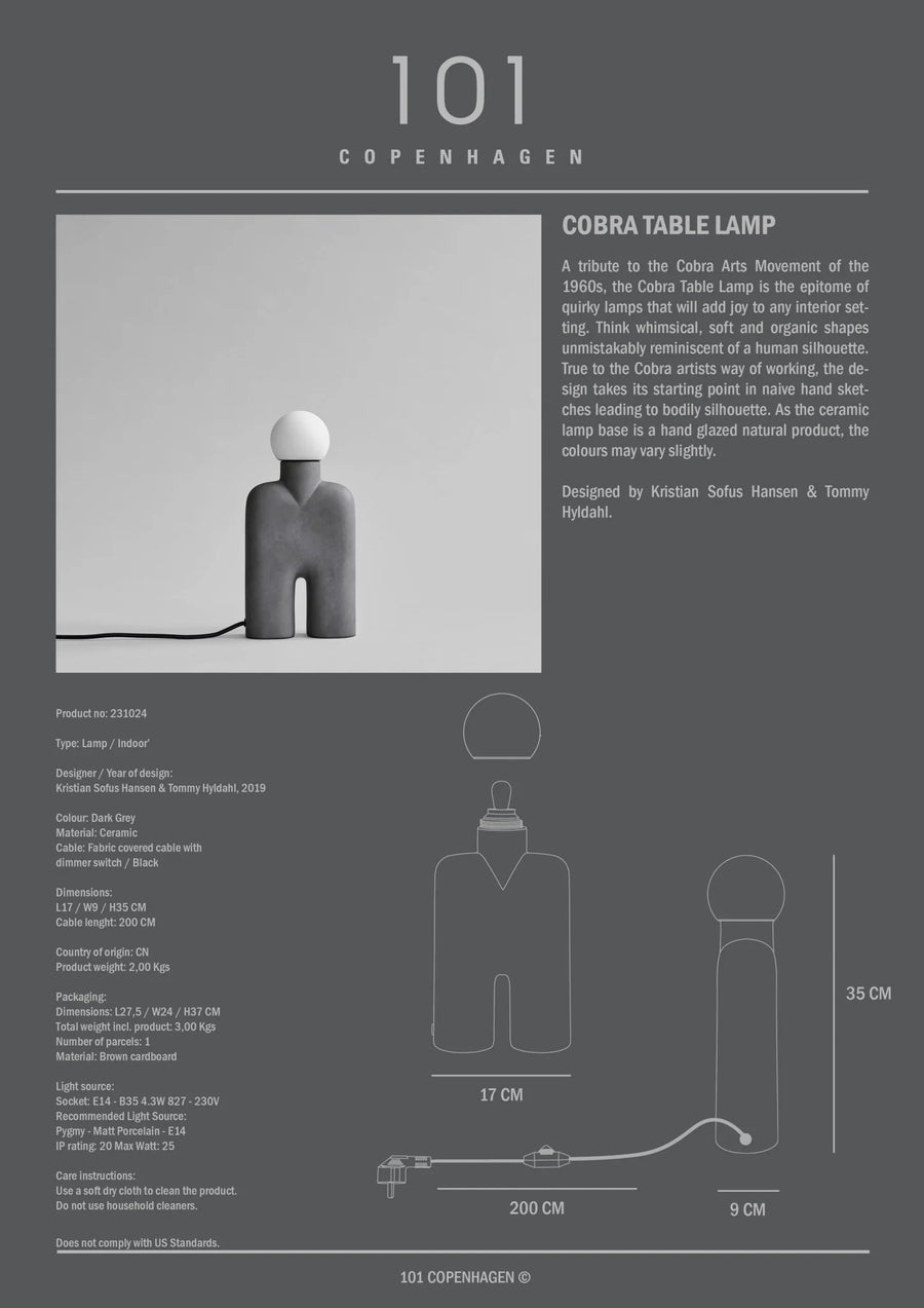 Cobra Table Lamp design with specifications on a gray background