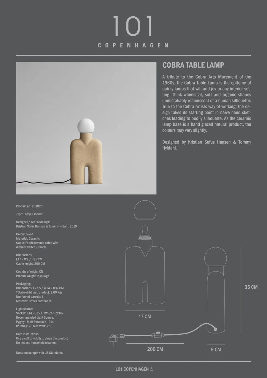 Cobra Table Lamp by 101 Copenhagen with product details on a gray background available at Spacio retail stores in India. 